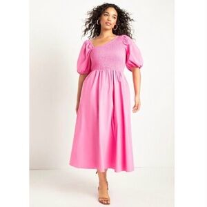Eloquii Bubblegum Pink Smocked Puff-Sleeve Midi Dress